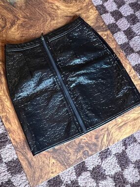Shiny Black Patent Zip-Front Skirt